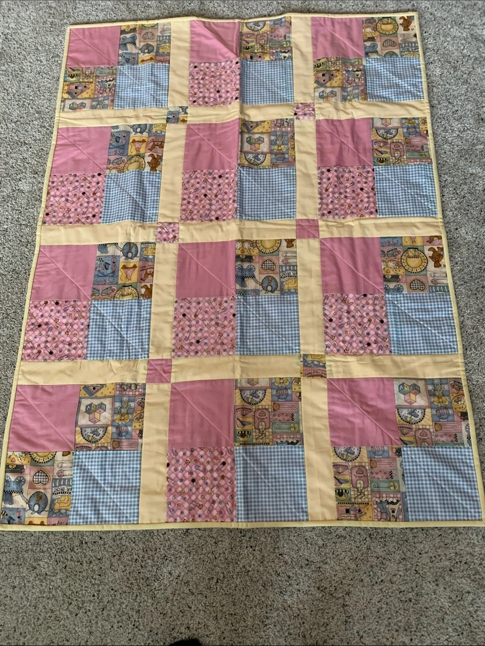 Handmade Pink and Yellow Patchwork Baby Quilt